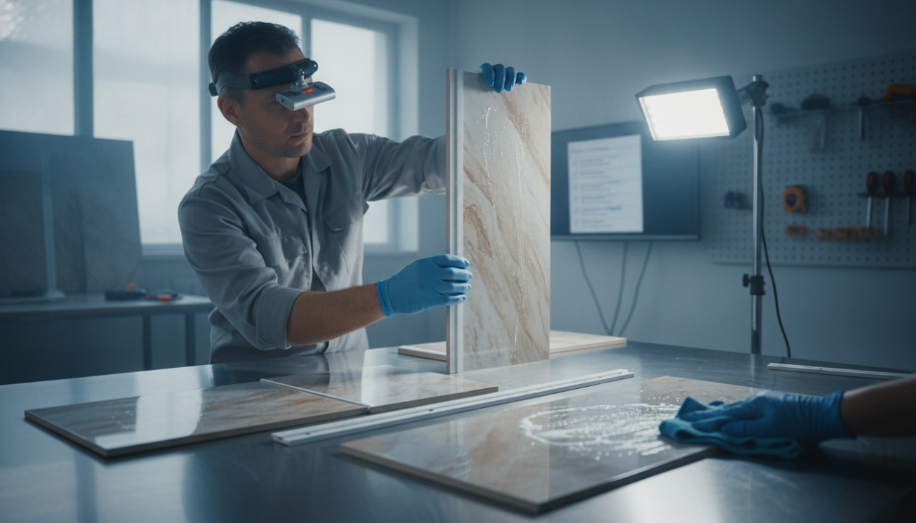 Technician inspecting PVC wall panel samples, trims, surface finish, and water-cleaning performance during supplier quality evaluation.